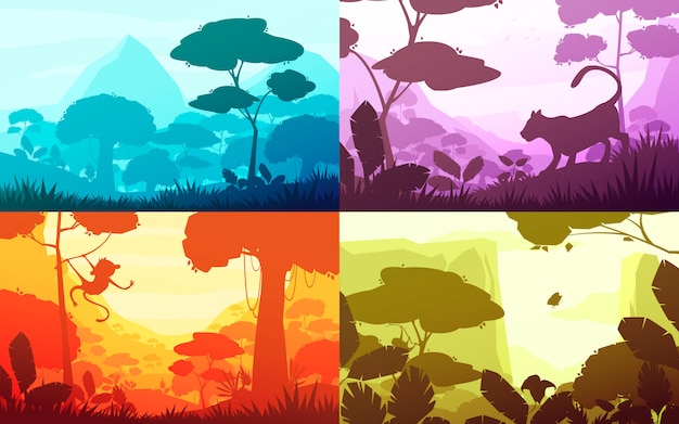 Free vector jungle set of cartoon landscapes with rain forest illustration