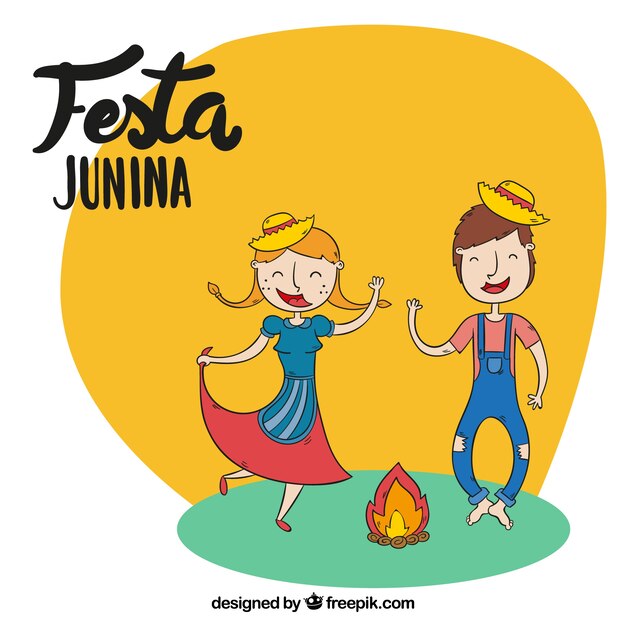 Junina party background with hand drawn couple dancing 
