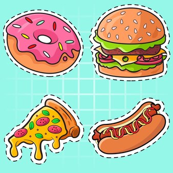 Набор наклеек нездоровой пищи, векторная иллюстрация, гамбургеры с говядиной, пончики, пицца, хот-дог
