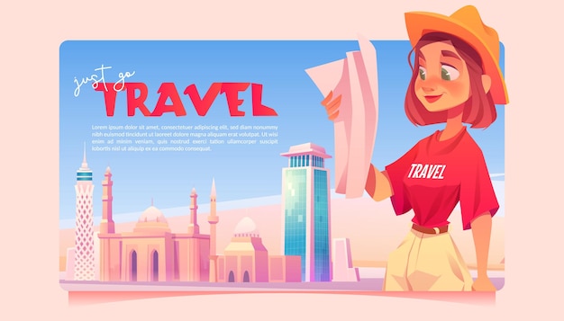 Just go travel cartoon banner girl learning map