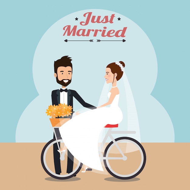 Vettore gratuito coppia appena sposata in personaggi di avatar di biciclette