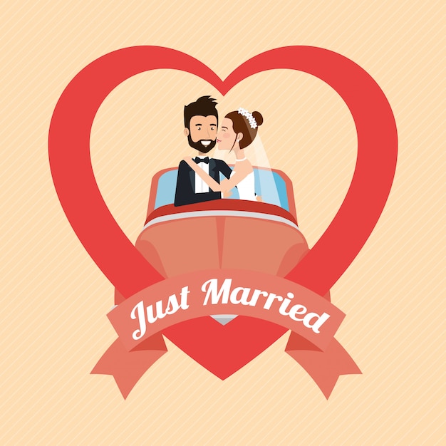 Free vector just married couple with car avatars characters