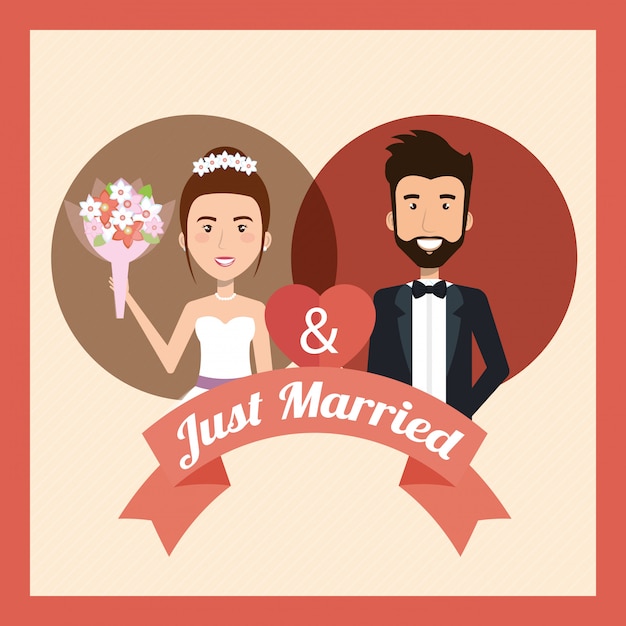 Just married couple with hearts avatars characters