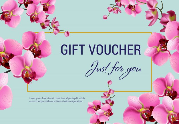 Just for you, gift certificate with pink flowers and frame on light blue background. 