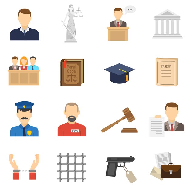 Justice flat icons set 