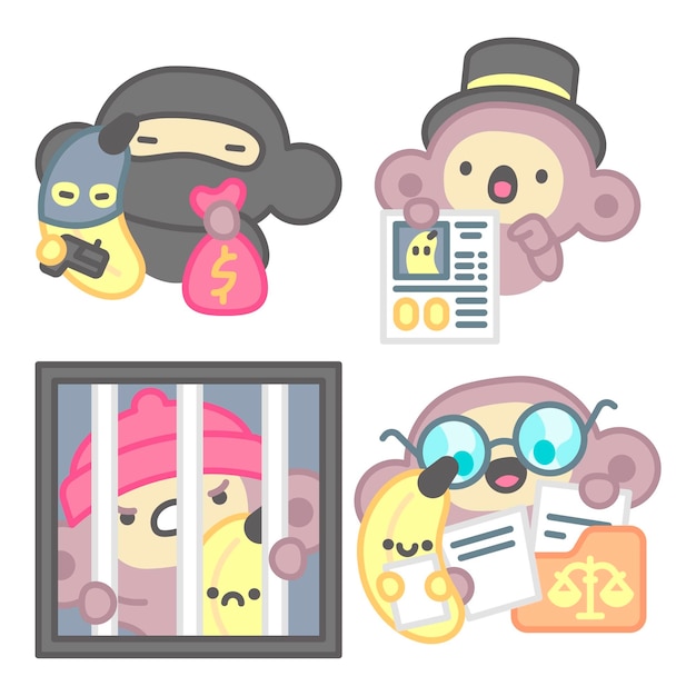 Free vector justice and law stickers collection with monkey and banana