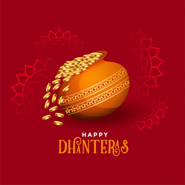 Free vector kalash with golden coins happy dhanteras festival card