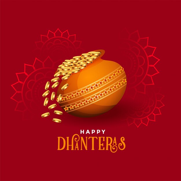 Kalash with golden coins happy dhanteras festival card