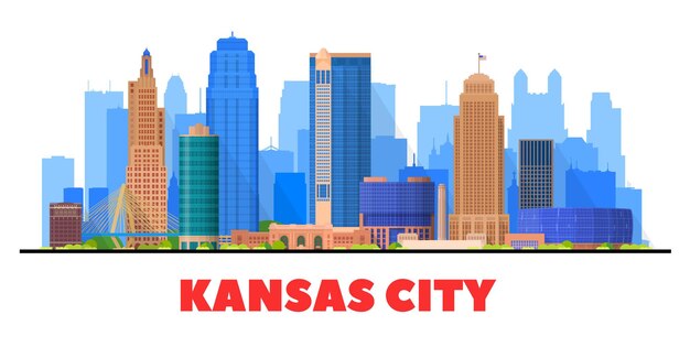 Kansas City ( USA ) Missouri skyline with panorama in white background. Vector Illustration. Business travel and tourism concept with modern buildings. Image for presentation, banner, web site.