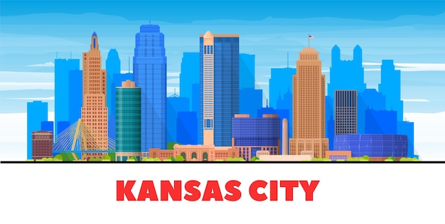 カンザスシティUSAミズーリ州のスカイラインと白い背景のパノラマベクトルイラストビジネス旅行と観光の概念とモダンな建物プレゼンテーションバナーWebサイトの画像