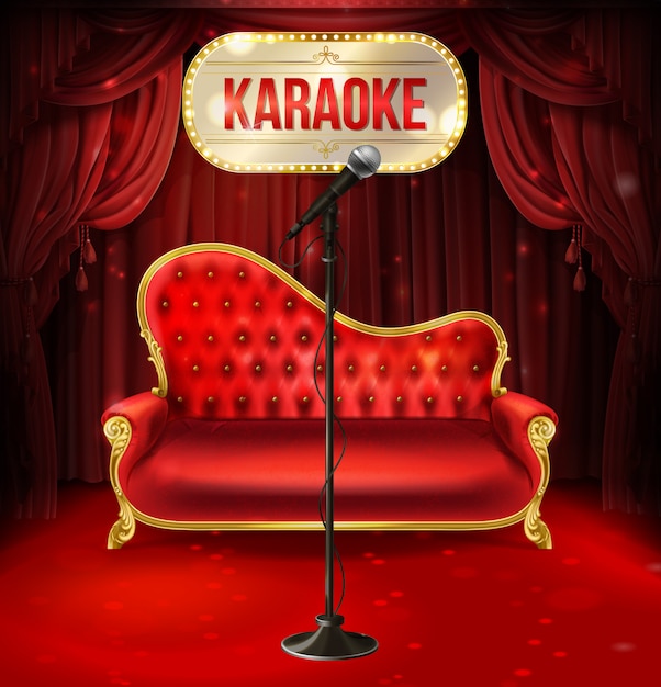 концепция караоке. Красный бархатный диван с позолоченными ножками и черным микрофоном для плаката