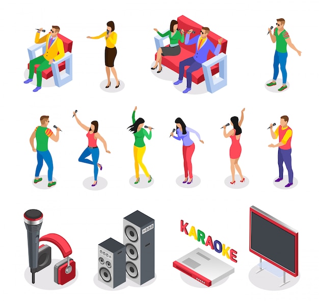 Karaoke isometric icons collection of isolated images with party people characters furniture loud speakers and text