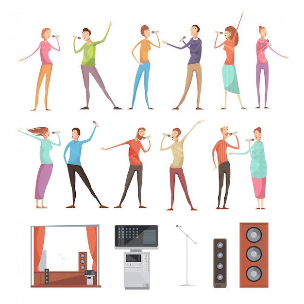 Karaoke party isolated icon set with full length singing people characters acoustics microphones tv 