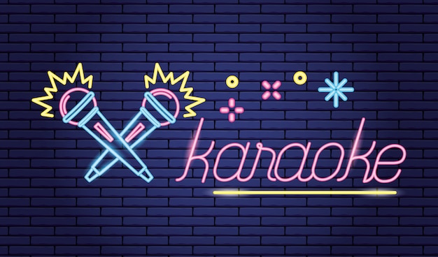 Free vector karaoke with microphones and stars, neon style