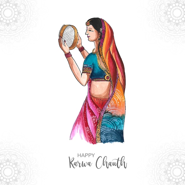 Free vector karwa chauth festival card with indian woman celebration card background