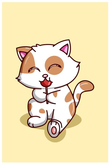 カワイイとお菓子を食べる面白い猫漫画イラスト プレミアムベクター