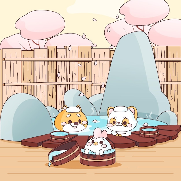 Free vector kawaii animal friends taking a bath in onsen
