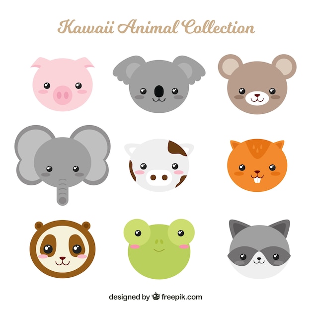 Бесплатное векторное изображение Животное kawaii установлено в плоском дизайне