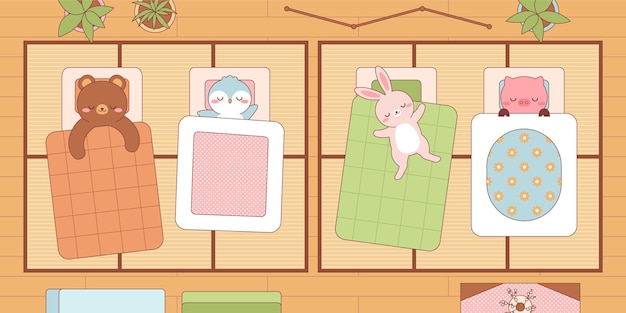 Kawaii animals sleeping in futons