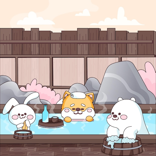 Free vector kawaii animals taking a bath in onsen