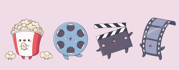 Free vector kawaii cinema mascots set isolated on background