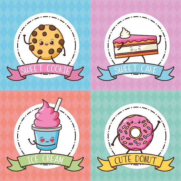 Biscotto di kawaii, torta, ciambella e gelato nei colori pastelli, illustrazione