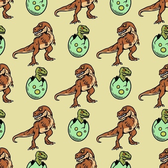 Kawaii cute seamless pattern t-rex and eggs on a light brown background