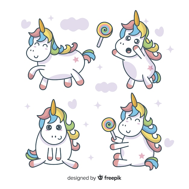 Collezione di simpatici personaggi unicorno kawaii