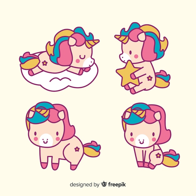 Collezione di simpatici personaggi unicorno kawaii