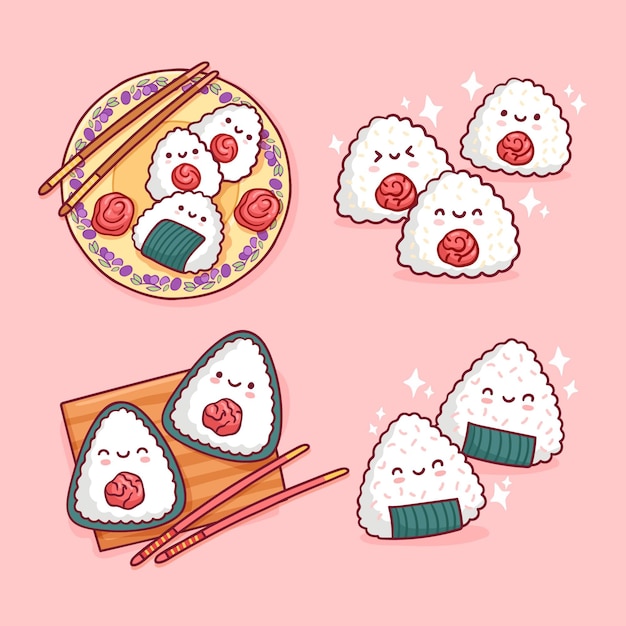 Vettore gratuito kawaii deliziosa collezione di onigiri giapponese umeboshi