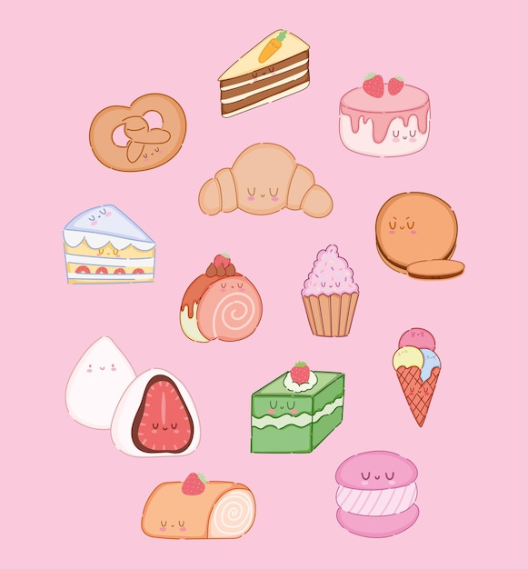 Kawaii dessert candies icon set