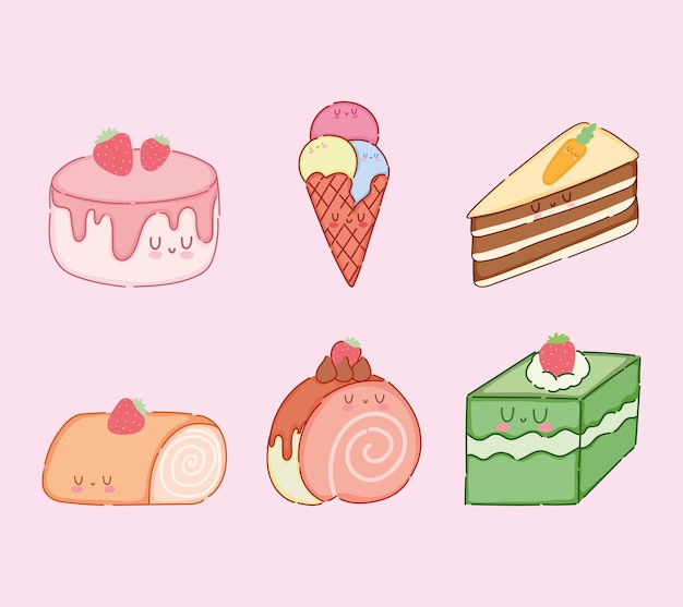 Kawaii dessert icons collection