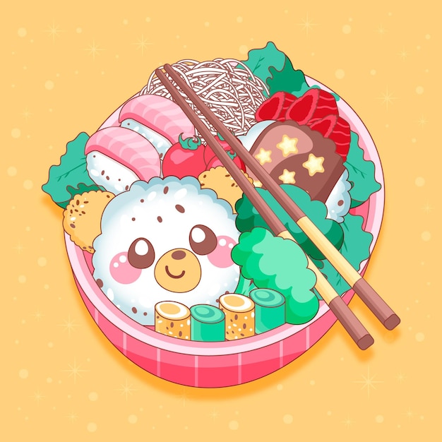 Facce kawaii sul cestino del pranzo giapponese bento