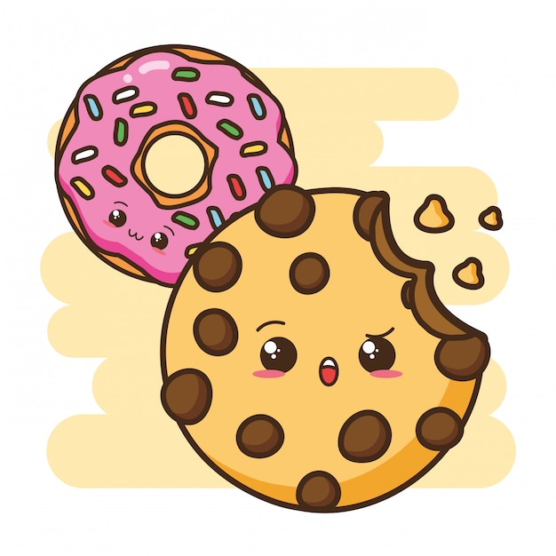 Kawaii fast food cookie and donut illustration 
