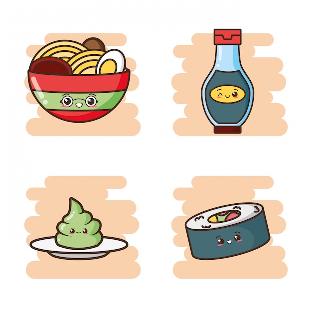 Vettore gratuito illustrazione asiatica sveglia dell'alimento degli alimenti a rapida preparazione di kawaii