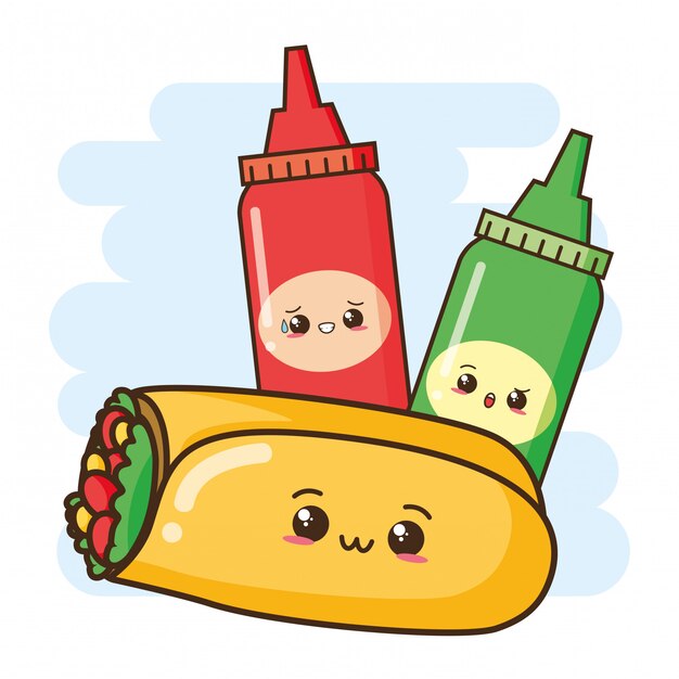 かわいいファーストフードかわいいブリトーとソースのイラスト 無料のベクター