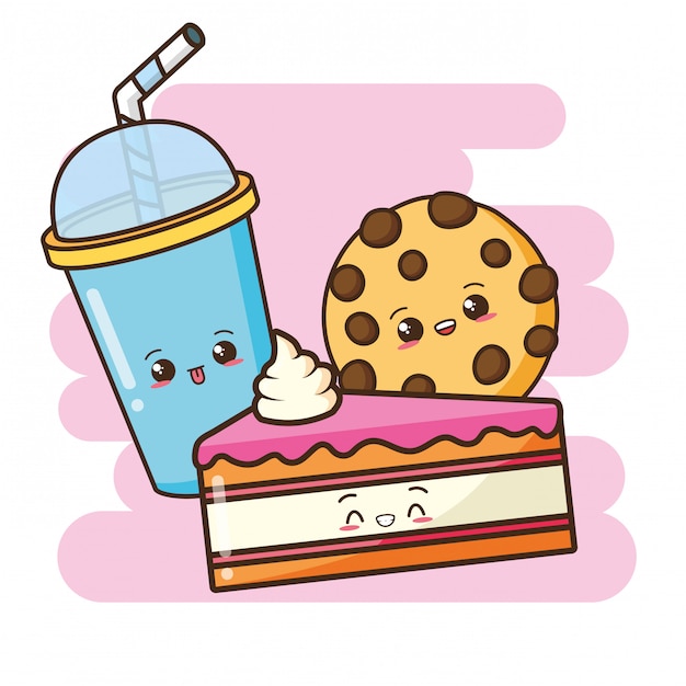 かわいいファーストフードかわいいケーキクッキーとドリンクのイラスト