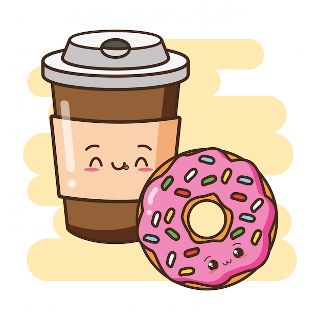 Kawaii фаст-фуд милый пончик и кофе иллюстрация