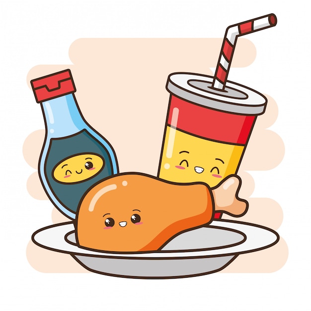 Free vector kawaii fast food cute fried chicken, drink and sauce