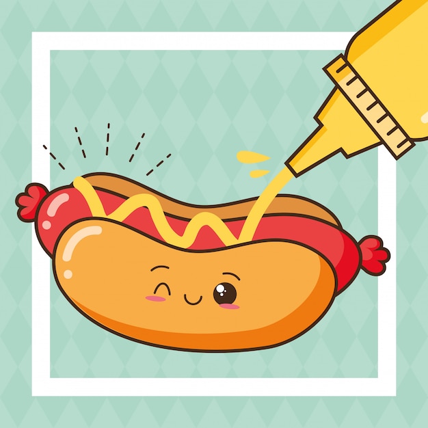 Vettore gratuito hot dog sveglio degli alimenti a rapida preparazione di kawaii con l'illustrazione della senape