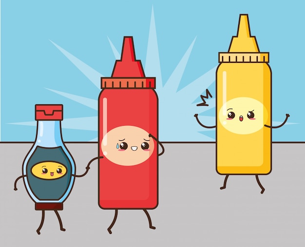 Free vector kawaii fast food cute sauces illustration