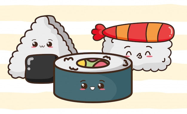 Sushi svegli degli alimenti a rapida preparazione di kawaii, illustrazione asiatica dell'alimento