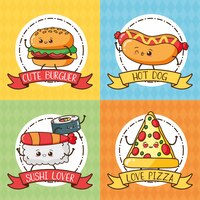 Kawaii fast food set of cute food hamburger,hot dog, sushi, pizza