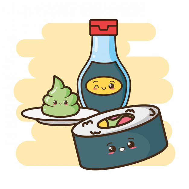 Kawaii фаст-фуд суши и азиатская еда иллюстрация