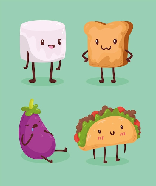 Free vector kawaii food comic four characters