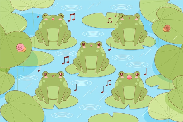 Free vector kawaii frogs singing on water lilies