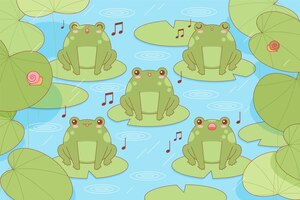 Kawaii frogs singing on water lilies