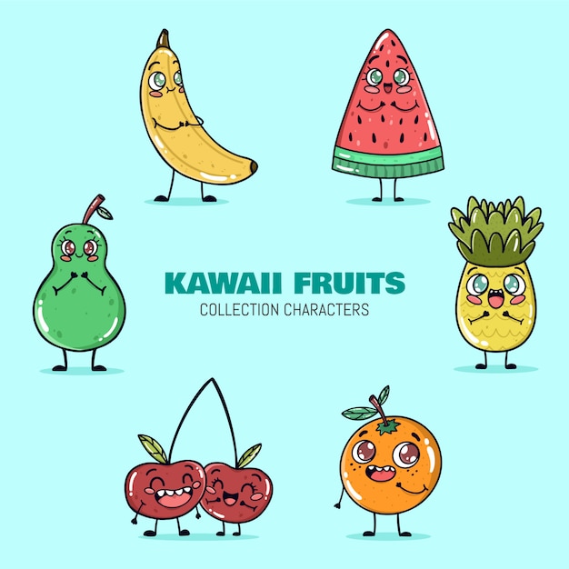 Kawaii fruits collection vector