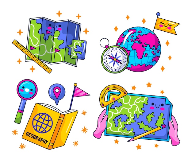 Free vector kawaii geography stickers collection