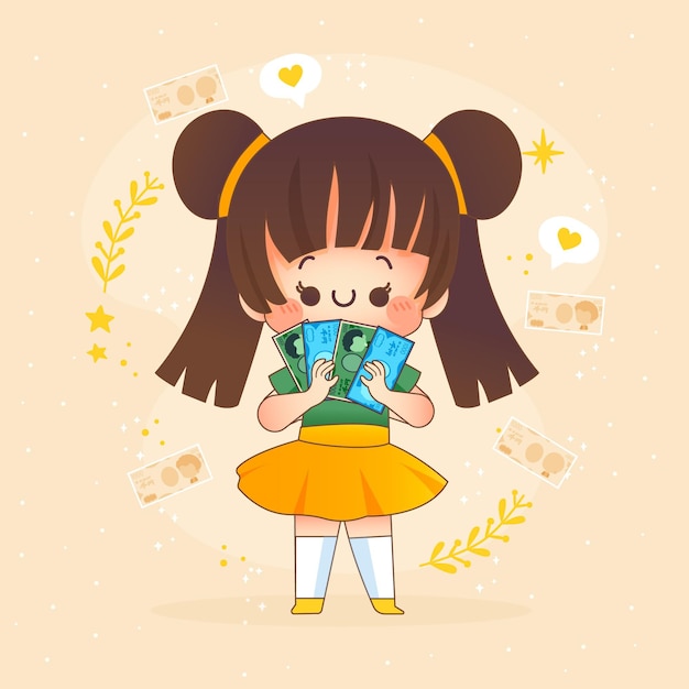 Kawaii girl holding yen money